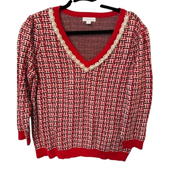 Charter Club Sweaters - Charter Club Womens XL Red Houndstooth Pearl Embellished V-Neck Sweater Top